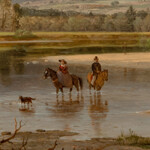 Two horseback riders crossing a river with a dog.