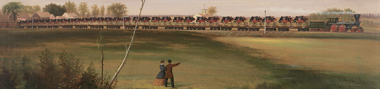 painting of a couple pointing at a train