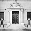 The front entrance to the NH Historical society in black and white